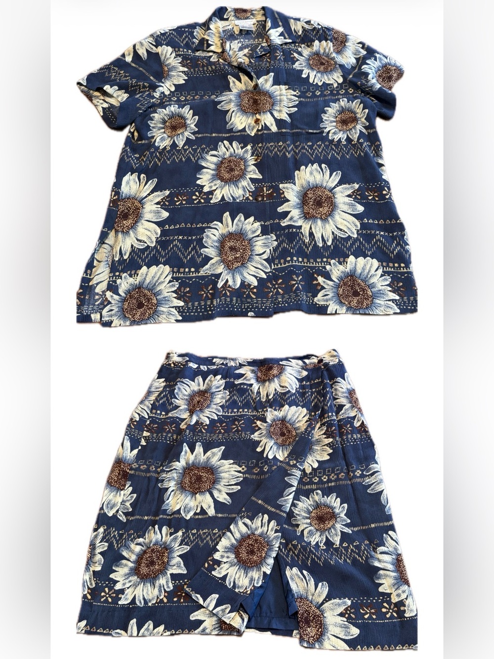 Rena Rowan Seville Sunflower Rayon Shirt / Skirt Set Grandmacore 16 Vintage 80s